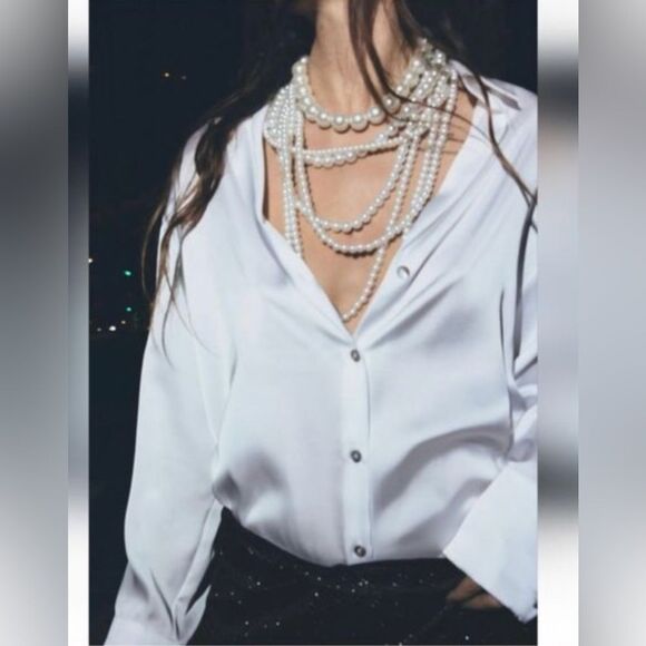 ZARA Satin Silky Effect Lapel Blouse - Picture 2 of 8